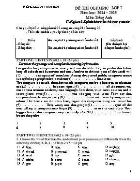 Đề thi olympic môn Tiếng Anh Lớp 7 - Đề 19 - Năm học 2014-2015 - Phòng GD & ĐT Thanh Oai (Có đáp án)